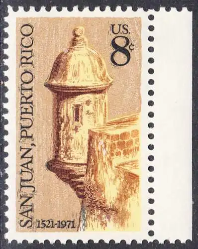 USA Michel 1049 / Scott 1437 postfrisch EINZELMARKE RAND rechts - 450 Jahre San Juan, Puerto Rico; Wachturm der El-Morro-Festung