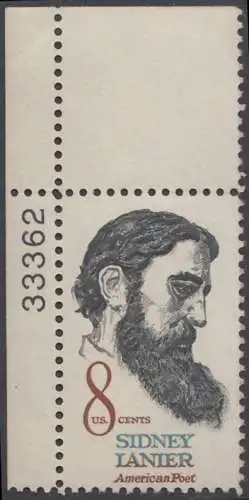 USA Michel 1058 / Scott 1446 postfrisch EINZELMARKE ECKRAND oben links m/ Platten-# 33362 (Gumm.beeintr.) - Sidney Lanier, Schriftsteller, Musiker und Kritiker