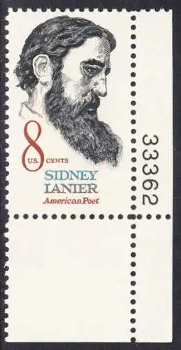 USA Michel 1058 / Scott 1446 postfrisch EINZELMARKE ECKRAND unten rechts m/ Platten-# 33362 - Sidney Lanier, Schriftsteller, Musiker und Kritiker