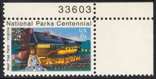 USA Michel 1068 / Scott 1452 postfrisch EINZELMARKE ECKRAND oben rechts m/ Platten-# 33603 - 100 Jahre Nationalparks: Wolf Trap Farm, VA; Theater im Wolf-Trap-Farm-Nationalpark, Virginia
