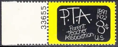 USA Michel 1078 / Scott 1463 postfrisch EINZELMARKE RAND links m/ Platten-# 33655 (a2) - 75 Jahre Eltern-Lehrer-Vereinigung: Schultafel