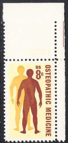 USA Michel 1084 / Scott 1469 postfrisch EINZELMARKE ECKRAND oben rechts m/ Platten-# 33787 - 75 Jahre Amerikanische Osteologen-Vereinigung; Silhouetten menschlicher Gestalten 