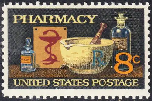 USA Michel 1089 / Scott 1473 postfrisch EINZELMARKE (a1) - 120 Jahre Amerikanische Pharmazeutische Vereinigung; Mörser, Medizinflaschen, Hygeiabild  