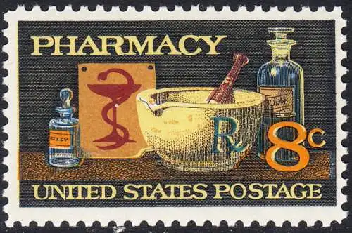 USA Michel 1089 / Scott 1473 postfrisch EINZELMARKE (a3) - 120 Jahre Amerikanische Pharmazeutische Vereinigung; Mörser, Medizinflaschen, Hygeiabild  