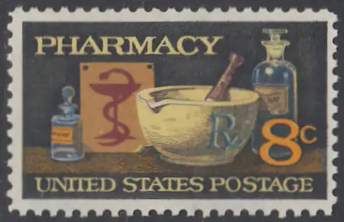 USA Michel 1089 / Scott 1473 postfrisch EINZELMARKE (a4) - 120 Jahre Amerikanische Pharmazeutische Vereinigung; Mörser, Medizinflaschen, Hygeiabild  