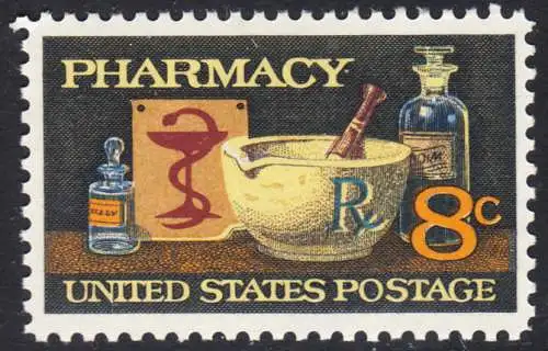 USA Michel 1089 / Scott 1473 postfrisch EINZELMARKE (a5) - 120 Jahre Amerikanische Pharmazeutische Vereinigung; Mörser, Medizinflaschen, Hygeiabild  