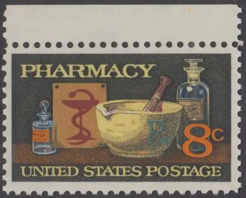USA Michel 1089 / Scott 1473 postfrisch EINZELMARKE RAND oben (a1) - 120 Jahre Amerikanische Pharmazeutische Vereinigung; Mörser, Medizinflaschen, Hygeiabild  