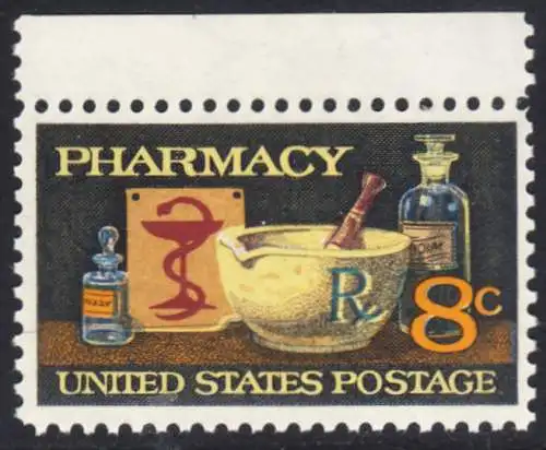 USA Michel 1089 / Scott 1473 postfrisch EINZELMARKE RAND oben (a2) - 120 Jahre Amerikanische Pharmazeutische Vereinigung; Mörser, Medizinflaschen, Hygeiabild  