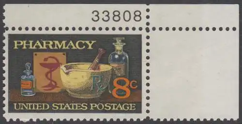 USA Michel 1089 / Scott 1473 postfrisch EINZELMARKE ECKRAND oben rechts m/ Platten-# 33808  - 120 Jahre Amerikanische Pharmazeutische Vereinigung; Mörser, Medizinflaschen, Hygeiabild  