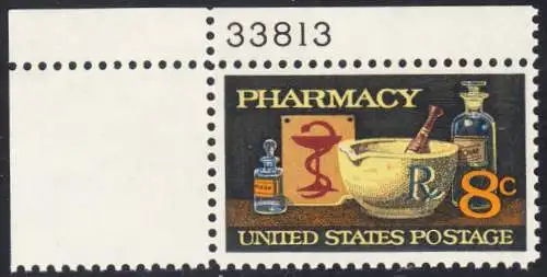 USA Michel 1089 / Scott 1473 postfrisch EINZELMARKE ECKRAND oben links m/ Platten-# 33813  - 120 Jahre Amerikanische Pharmazeutische Vereinigung; Mörser, Medizinflaschen, Hygeiabild  