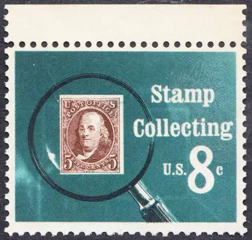 USA Michel 1090 / Scott 1474 postfrisch EINZELMARKE RAND oben (a3) - Briefmarkensammeln; USA MiNr. 1 unter der Lupe