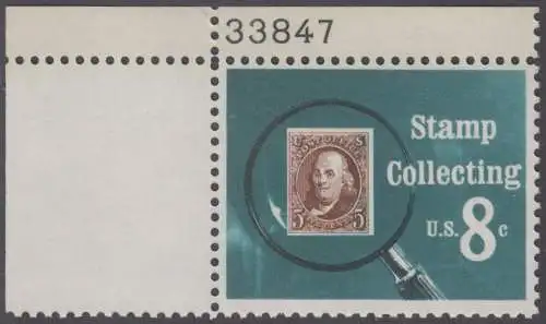 USA Michel 1090 / Scott 1474 postfrisch EINZELMARKE ECKRAND oben links m/ Platten-# 33847 - Briefmarkensammeln; USA MiNr. 1 unter der Lupe