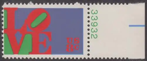 USA Michel 1091 / Scott 1475 postfrisch EINZELMARKE RAND rechts m/ Platten-# 33932 - Grußmarke \\\"LOVE\\\"
