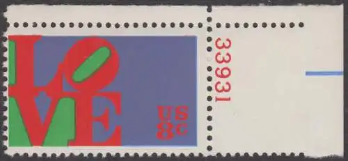 USA Michel 1091 / Scott 1475 postfrisch EINZELMARKE ECKRAND OBEN rechts m/ Platten-# 33931 - Grußmarke \\\"LOVE\\\"