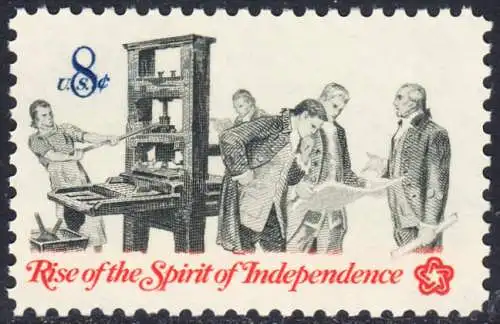 USA Michel 1092 / Scott 1476 postfrisch EINZELMARKE (a2) - 200 Jahre Unabhängigkeit der Vereinigten Staaten von Amerika (1976): Nachrichtenwesen zur Kolonialzeit; Patrioten an der Handpresse, Begutachtung der Flugschriften