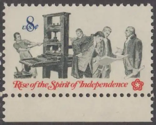 USA Michel 1092 / Scott 1476 postfrisch EINZELMARKE RAND unten - 200 Jahre Unabhängigkeit der Vereinigten Staaten von Amerika (1976): Nachrichtenwesen zur Kolonialzeit; Patrioten an der Handpresse, Begutachtung der Flugschriften