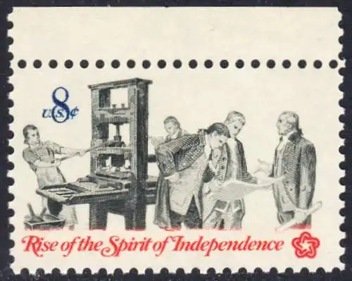 USA Michel 1092 / Scott 1476 postfrisch EINZELMARKE RAND oben - 200 Jahre Unabhängigkeit der Vereinigten Staaten von Amerika (1976): Nachrichtenwesen zur Kolonialzeit; Patrioten an der Handpresse, Begutachtung der Flugschriften