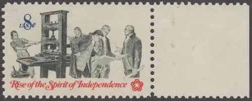 USA Michel 1092 / Scott 1476 postfrisch EINZELMARKE RAND rechts - 200 Jahre Unabhängigkeit der Vereinigten Staaten von Amerika (1976): Nachrichtenwesen zur Kolonialzeit; Patrioten an der Handpresse, Begutachtung der Flugschriften