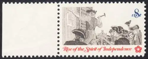 USA Michel 1094 / Scott 1477 postfrisch EINZELMARKE RAND links - 200 Jahre Unabhängigkeit der Vereinigten Staaten von Amerika (1976): Nachrichtenwesen zur Kolonialzeit; Anschlagen eines Flugblattes