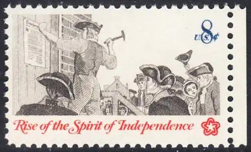 USA Michel 1094 / Scott 1477 postfrisch EINZELMARKE RAND rechts - 200 Jahre Unabhängigkeit der Vereinigten Staaten von Amerika (1976): Nachrichtenwesen zur Kolonialzeit; Anschlagen eines Flugblattes