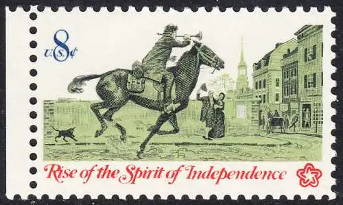 USA Michel 1107 / Scott 1478 postfrisch EINZELMARKE RAND links (a2) - 200 Jahre Unabhängigkeit der Vereinigten Staaten von Amerika (1976): Nachrichtenwesen zur Kolonialzeit; Postreiter