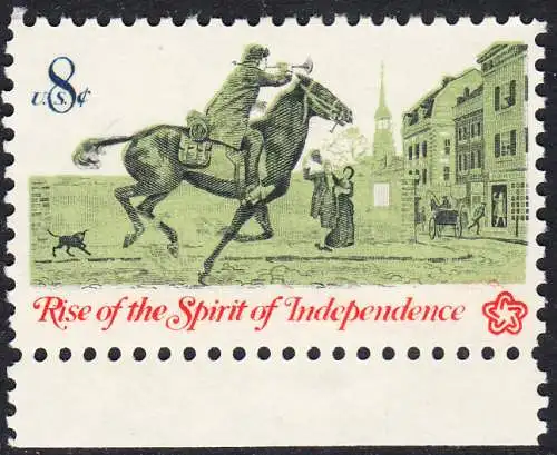 USA Michel 1107 / Scott 1478 postfrisch EINZELMARKE RAND unten  - 200 Jahre Unabhängigkeit der Vereinigten Staaten von Amerika (1976): Nachrichtenwesen zur Kolonialzeit; Postreiter