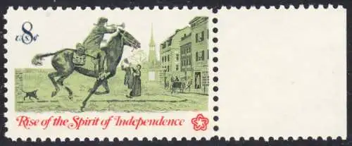 USA Michel 1107 / Scott 1478 postfrisch EINZELMARKE RAND rechts - 200 Jahre Unabhängigkeit der Vereinigten Staaten von Amerika (1976): Nachrichtenwesen zur Kolonialzeit; Postreiter