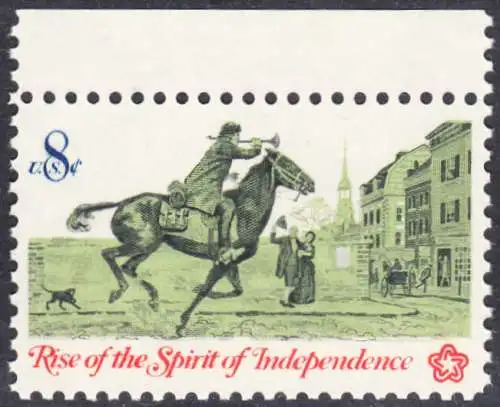 USA Michel 1107 / Scott 1478 postfrisch EINZELMARKE RAND oben (a1) - 200 Jahre Unabhängigkeit der Vereinigten Staaten von Amerika (1976): Nachrichtenwesen zur Kolonialzeit; Postreiter