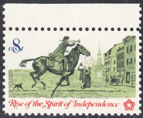 USA Michel 1107 / Scott 1478 postfrisch EINZELMARKE RAND oben (a2) - 200 Jahre Unabhängigkeit der Vereinigten Staaten von Amerika (1976): Nachrichtenwesen zur Kolonialzeit; Postreiter