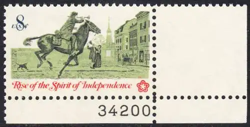 USA Michel 1107 / Scott 1478 postfrisch EINZELMARKE ECKRAND unten rechts m/ Platten-# 34200 - 200 Jahre Unabhängigkeit der Vereinigten Staaten von Amerika (1976): Nachrichtenwesen zur Kolonialzeit; Postreiter