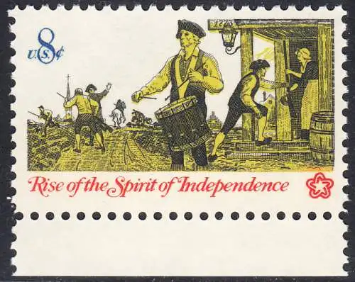 USA Michel 1121 / Scott 1479 postfrisch EINZELMARKE RAND unten - 200 Jahre Unabhängigkeit der Vereinigten Staaten von Amerika (1976): Nachrichtenwesen zur Kolonialzeit; Trommler