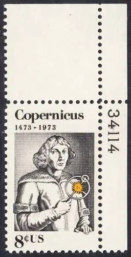 USA Michel 1095 / Scott 1488 postfrisch EINZELMARKE ECKRAND oben rechts m/ Platten-# 34114 (a2) - Nikolaus Kopernikus (1473-1543), deutscher Astronom