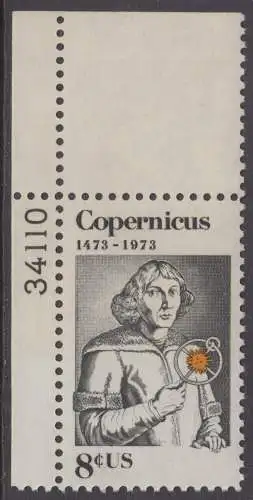 USA Michel 1095 / Scott 1488 postfrisch EINZELMARKE ECKRAND oben links m/ Platten-# 34110 - Nikolaus Kopernikus (1473-1543), deutscher Astronom