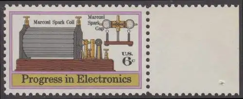USA Michel 1113 / Scott 1500 postfrisch EINZELMARKE RAND rechts (a2) - Fortschritte in der Elektronik: Funkeninduktor von Guglielmo Marconi, erste transatlantische Funkverbindung (1901)