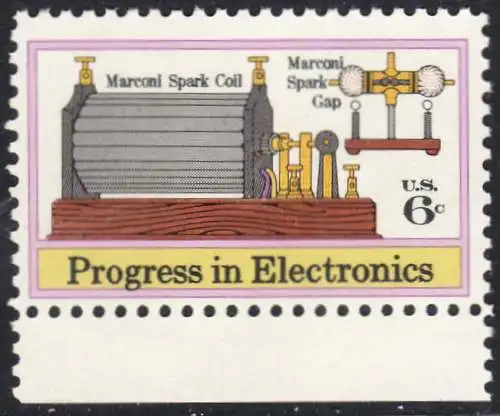 USA Michel 1113 / Scott 1500 postfrisch EINZELMARKE RAND unten - Fortschritte in der Elektronik: Funkeninduktor von Guglielmo Marconi, erste transatlantische Funkverbindung (1901)