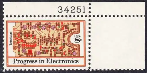 USA Michel 1114 / Scott 1501 postfrisch EINZELMARKE ECKRAND oben rechts - Fortschritte in der Elektronik: Transistoren, bedruckte Schalttafel 