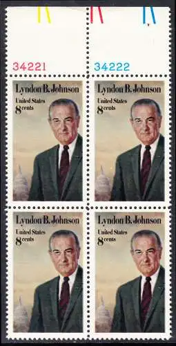 USA Michel 1118 / Scott 1503 postfrisch BLOCK RÄNDER oben m/Platten-# (a1) - Tod von Lyndon Baines Johnson; 36. Präsident
