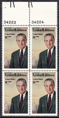 USA Michel 1118 / Scott 1503 postfrisch BLOCK RÄNDER oben m/Platten-# (a2) - Tod von Lyndon Baines Johnson; 36. Präsident
