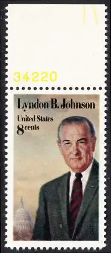 USA Michel 1118 / Scott 1503 postfrisch EINZELMARKE RAND oben m/ Platten-# 34220 - Tod von Lyndon Baines Johnson; 36. Präsident