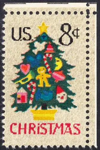 USA Michel 1124 / Scott 1508 postfrisch EINZELMARKE ECKRAND oben rechts - Weihnachten; Weihnachtsbaum, Handstickerei