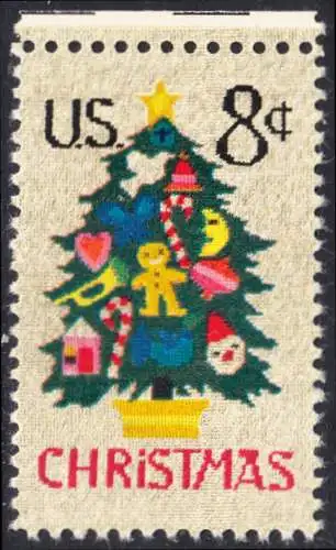 USA Michel 1124 / Scott 1508 postfrisch EINZELMARKE RAND oben - Weihnachten; Weihnachtsbaum, Handstickerei