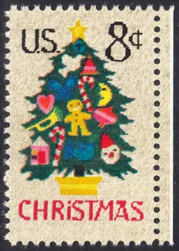 USA Michel 1124 / Scott 1508 postfrisch EINZELMARKE RAND rechts - Weihnachten; Weihnachtsbaum, Handstickerei