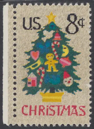 USA Michel 1124 / Scott 1508 postfrisch EINZELMARKE RAND links (Gumm.beeintr.)- Weihnachten; Weihnachtsbaum, Handstickerei