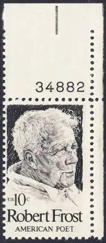 USA Michel 1133 / Scott 1526 postfrisch EINZELMARKE ECKRAND oben rechts m/ Platten-# 34882 - Robert Lee Frost (1874-1963), Lyriker 