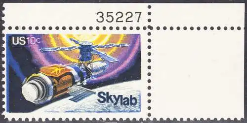 USA Michel 1136 / Scott 1529 postfrisch EINZELMARKE ECKRAND oben rechts m/ Platten-# 35227 - Raumfahrtunternehmen Skylab