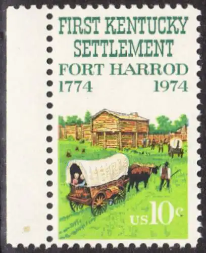 USA Michel 1149 / Scott 1542 postfrisch EINZELMARKE RAND links (a3) - Besiedelung von Kentucky; Planwagen vor Fort Harrod 