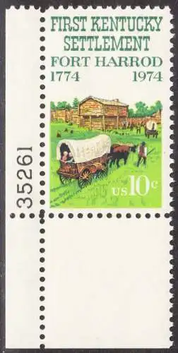 USA Michel 1149 / Scott 1542 postfrisch EINZELMARKE ECKRAND unten links m/ Platten-# 35261 - Besiedelung von Kentucky; Planwagen vor Fort Harrod 