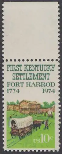 USA Michel 1149 / Scott 1542 postfrisch EINZELMARKE RAND oben (Gumm.beeintr.) - Besiedelung von Kentucky; Planwagen vor Fort Harrod 