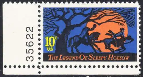 USA Michel 1158 / Scott 1548 postfrisch EINZELMARKE ECKRAND unten links m/ Platten-# 35622 - Amerikanische Folklore: Legend of Sleepy Hollow 