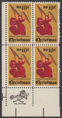 USA Michel 1160 / Scott 1550 Gumm.beschäd. ZIP-BLOCK (ll) - Weihnachten; Engel, Altarbild eines unbekannten französischen Meisters